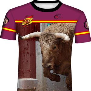 Camiseta taurina con toro bravo saliendo de toriles